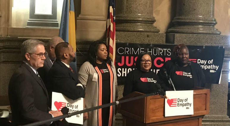 To show support for people serving life sentences, Carrington joined Tonie Willis with the organization Cut 50 at city hall Tuesday for Philadelphia's Day of Empathy. To show support for people serving life sentences, Carrington joined Tonie Willis with the organization Cut 50 at city hall Tuesday for Philadelphia's Day of Empathy.