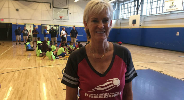 Judy Murray. World–renowned tennis coach gives some pointers to kids at Police Athletic League Center.