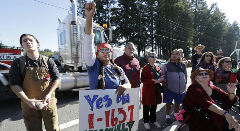 A supporter of Initiative 1631 holds a sign referencing the Nisqually Indian Tribe during a rally supporting the November ballot measure in Washington state that would charge a fee on carbon emissions from fossil fuels. A supporter of Initiative 1631 holds a sign referencing the Nisqually Indian Tribe during a rally supporting the November ballot measure in Washington state that would charge a fee on carbon emissions from fossil fuels.