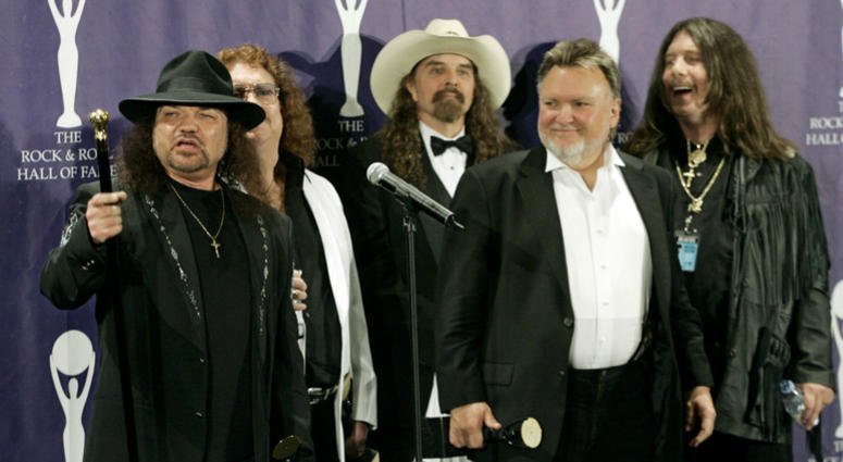 In this March 13, 2006 file photo, members of Lynyrd Skynyrd, from left, Gary Rossington, Billy Powell, Artimus Pyle, Ed King and Bob Burns, appear backstage after being inducted at the annual Rock and Roll Hall of Fame dinner in New York. In this March 13, 2006 file photo, members of Lynyrd Skynyrd, from left, Gary Rossington, Billy Powell, Artimus Pyle, Ed King and Bob Burns, appear backstage after being inducted at the annual Rock and Roll Hall of Fame dinner in New York.