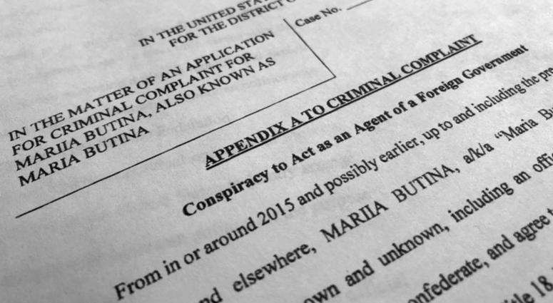 Court papers unsealed Monday, July 16, 2018, photographed in Washington, shows part of the criminal complaint against Maria Butina. Court papers unsealed Monday, July 16, 2018, photographed in Washington, shows part of the criminal complaint against Maria Butina.
