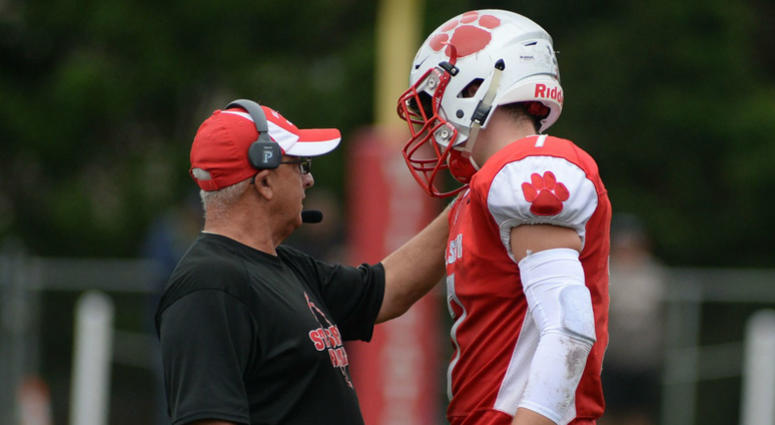 St. Joseph's Jayden Shertel talks with coach Paul Sacco during Saturday's football game against Vineland at Bill Bending Field in Hammonton, Oct. 6, 2018. St. Joseph's Jayden Shertel talks with coach Paul Sacco during Saturday's football game against Vineland at Bill Bending Field in Hammonton, Oct. 6, 2018.