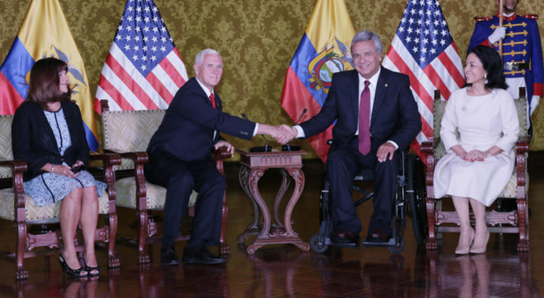 Ecuador's President Lenin Moreno, second right, and his wife Rocio, right, meet with U.S. Vice President Mike Pence, second left, and his wife Karen at the government palace in Quito, Ecuador, Thursday, June 28, 2018. Ecuador's President Lenin Moreno, second right, and his wife Rocio, right, meet with U.S. Vice President Mike Pence, second left, and his wife Karen at the government palace in Quito, Ecuador, Thursday, June 28, 2018.