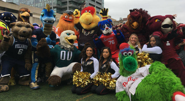 The Philadelphia Wings mascot Wingston is shown with mascot from other Philly professional and college teams. The Philadelphia Wings mascot Wingston is shown with mascot from other Philly professional and college teams.