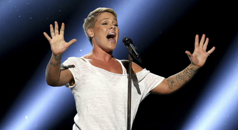 In this Jan. 28, 2018, file photo, Pink performs "Wild Hearts Can't Be Broken" at the 60th annual Grammy Awards at Madison Square Garden in New York. In this Jan. 28, 2018, file photo, Pink performs "Wild Hearts Can't Be Broken" at the 60th annual Grammy Awards at Madison Square Garden in New York.