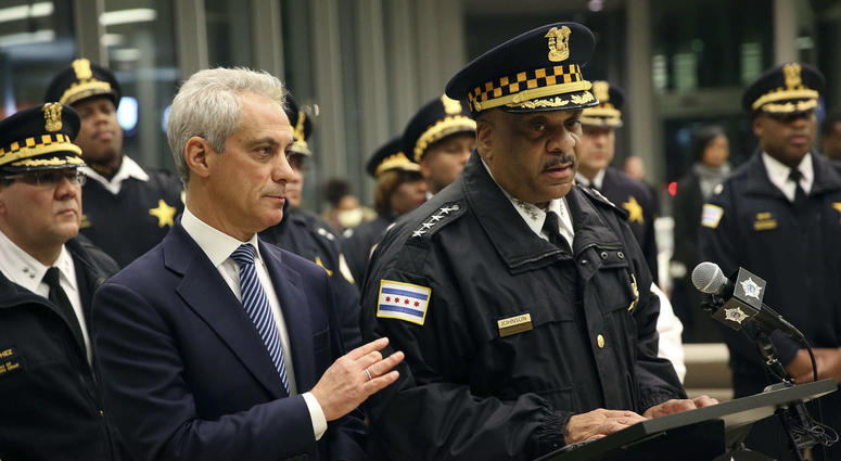 Chicago Mayor Rahm Emanuel, left, comforts Chicago Police Superintendent Eddie Johnson, Monday, Nov. 19, 2018, during a news conference at the University of Chicago Medical Center. Chicago Mayor Rahm Emanuel, left, comforts Chicago Police Superintendent Eddie Johnson, Monday, Nov. 19, 2018, during a news conference at the University of Chicago Medical Center.