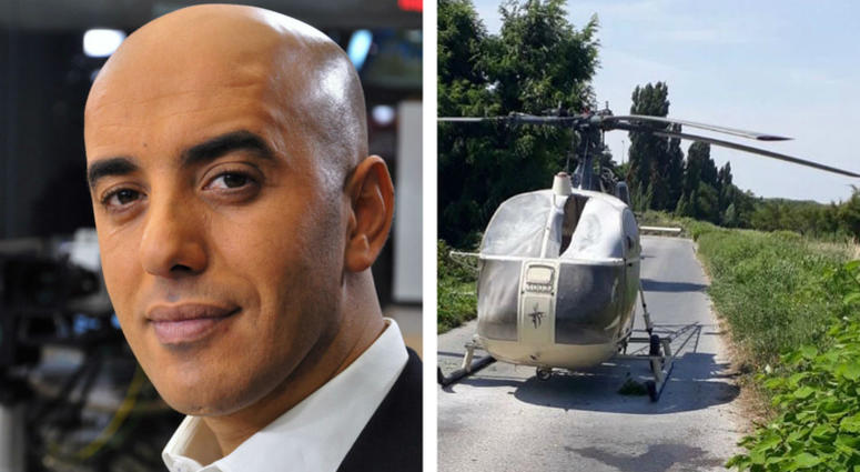 Left: In this Nov. 22, 2010, photo, notorious French criminal Redoine Faid is shown prior to an interview with French TV channel LCI. Right: This July 1, 2018, photo shows a helicopter abandoned by Redoine Faid after his escape from prison. Redoine Faid and the helicopter he escaped in