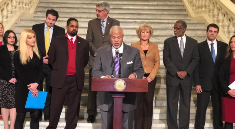 State Sen. Anthony Williams (podium) introduces Senate Bill 14, Jan. 28, 2019. The bill would reform the commonwealth's probation system. State Sen. Anthony Williams (podium) introduces Senate Bill 14.