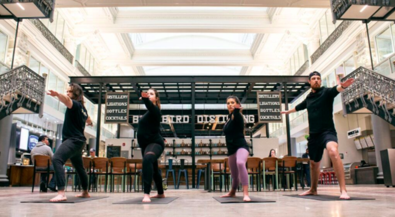 The month-long pop-up event offers free yoga classes from 9 to 10 a.m. every Saturday in February under the atrium in The Bourse’s main dining hall. The month-long pop-up event offers free yoga classes from 9 to 10 a.m. every Saturday in February under the atrium in The Bourse’s main dining hall.