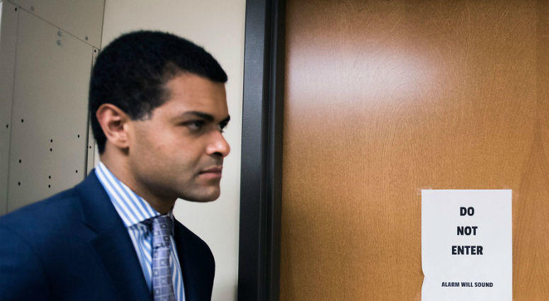 Health Commissioner Shereef Elnahal stands outside a room where methadone is locked up at the John Brooks Recovery Center Monday, Aug. 6, 2018 in Pleasantville, N.J. New Jersey Department of Health Commissioner Dr. Shereef Elnahal