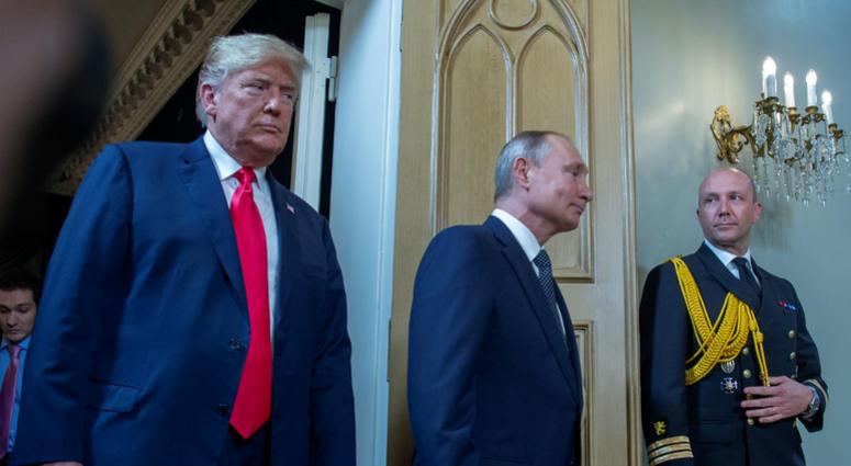 American president Donald Trump (left) and Russian president Vladimir Putin (right) during the meeting. July 16, 2018. Finland, Helsinki. American president Donald Trump (left) and Russian president Vladimir Putin (right) during the meeting. July 16, 2018. Finland, Helsinki.