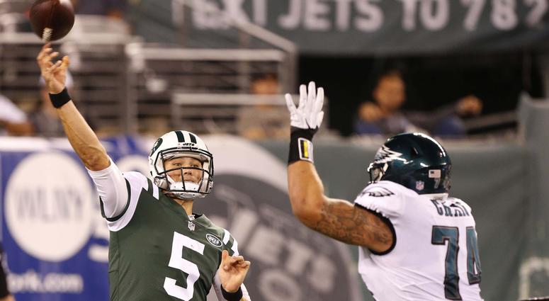 Then New York Jets quarterback Christian Hackenberg (5) makes a pass over Philadelphia Eagles defensive tackle Winston Craig (74) during second half at MetLife Stadium on Aug. 31, 2017. On Aug. 12, 2018, Hackenberg was signed to the Eagles. Then New York Jets quarterback Christian Hackenberg (5) makes a pass over Philadelphia Eagles defensive tackle Winston Craig (74) during second half at MetLife Stadium on Aug. 31, 2017. On Aug. 12, 2018, Hackenberg was signed to the Eagles.