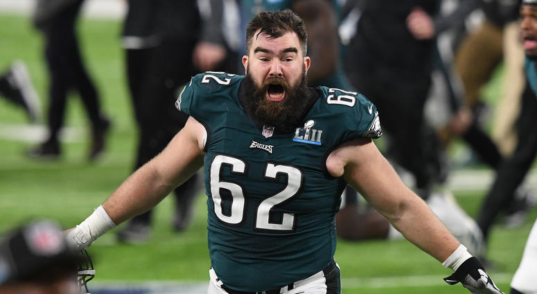 Philadelphia Eagles center Jason Kelce (62) celebrates after defeating the New England Patriots to win in Super Bowl LII. Jason Kelce