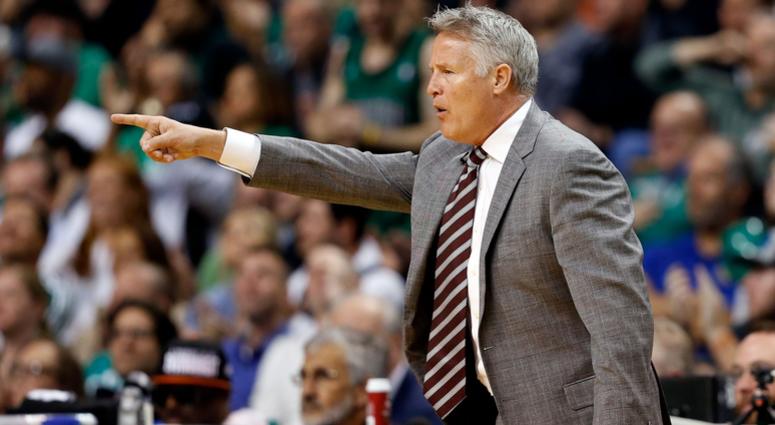 Philadelphia 76ers head coach Brett Brown directs a play against the Boston Celtics during the first half in game five of the second round of the 2018 NBA Playoffs at the TD Garden. Philadelphia 76ers head coach Brett Brown directs a play against the Boston Celtics during the first half in game five of the second round of the 2018 NBA Playoffs at the TD Garden.