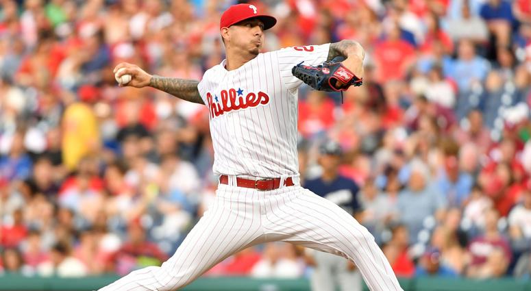 Philadelphia Phillies starting pitcher Vince Velasquez (28) throws a pitch during the second inning against the Milwaukee Brewers at Citizens Bank Park. Philadelphia Phillies starting pitcher Vince Velasquez (28) throws a pitch during the second inning against the Milwaukee Brewers at Citizens Bank Park.