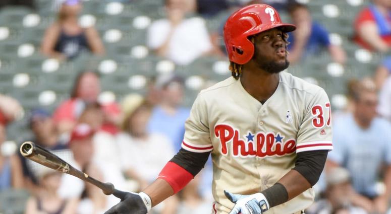 Philadelphia Phillies center fielder Odubel Herrera (37) watches after hitting a solo home run in the ninth inning against the Milwaukee Brewers at Miller Park. Philadelphia Phillies center fielder Odubel Herrera (37) watches after hitting a solo home run in the ninth inning against the Milwaukee Brewers at Miller Park.