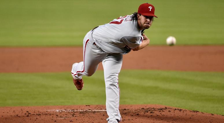 Philadelphia Phillies starting pitcher Aaron Nola (27) delivers a pitch in the first inning against the Miami Marlins at Marlins Park. Philadelphia Phillies starting pitcher Aaron Nola (27) delivers a pitch in the first inning against the Miami Marlins at Marlins Park.