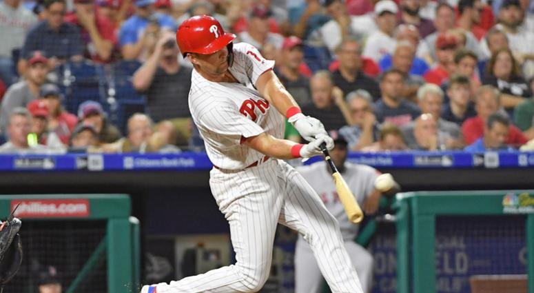 Phillies left fielder Rhys Hoskins (17) hits a solo home run during the fifth inning against the Boston Red Sox at Citizens Bank Park. hoskins