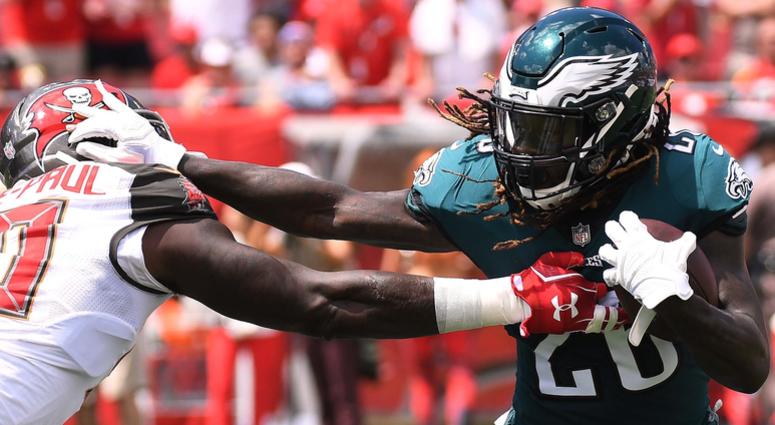 Philadelphia Eagles running back Jay Ajayi (26) tries to get past Tampa Bay Buccaneers defensive lineman Jason Pierre-Paul (90) in the first half at Raymond James Stadium on Sept. 16, 2018. Philadelphia Eagles running back Jay Ajayi (26) tries to get past Tampa Bay Buccaneers defensive lineman Jason Pierre-Paul (90) in the first half at Raymond James Stadium on Sept. 16, 2018.