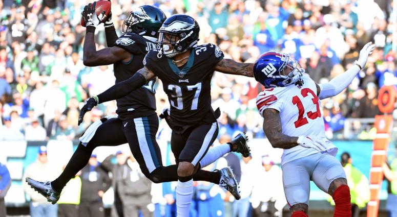 Nov 25, 2018; Philadelphia, PA, USA; Philadelphia Eagles strong safety Malcolm Jenkins (27) intercepts pass intended for New York Giants wide receiver Odell Beckham (13) during the second quarter at Lincoln Financial Field. Nov 25, 2018; Philadelphia, PA, USA; Philadelphia Eagles strong safety Malcolm Jenkins (27) intercepts pass intended for New York Giants wide receiver Odell Beckham (13) during the second quarter at Lincoln Financial Field.
