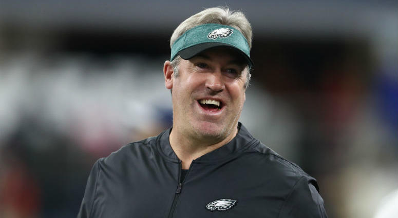 Dec 9, 2018; Arlington, TX, USA; Philadelphia Eagles head coach Doug Pederson smiles prior to the game against the Dallas Cowboys at AT&T Stadium. Dec 9, 2018; Arlington, TX, USA; Philadelphia Eagles head coach Doug Pederson smiles prior to the game against the Dallas Cowboys at AT&T Stadium.