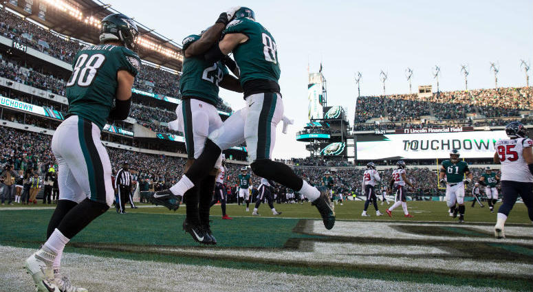 Dec 23, 2018; Philadelphia, PA, USA; Philadelphia Eagles tight end Zach Ertz (86) reacts with running back Wendell Smallwood (28) ad tight end Dallas Goedert (88) after scoring a touchdown against the Houston Texans during the fourth quarter at Lincoln Fi Dec 23, 2018; Philadelphia, PA, USA; Philadelphia Eagles tight end Zach Ertz (86) reacts with running back Wendell Smallwood (28) ad tight end Dallas Goedert (88) after scoring a touchdown against the Houston Texans during the fourth quarter at Lincoln Fi