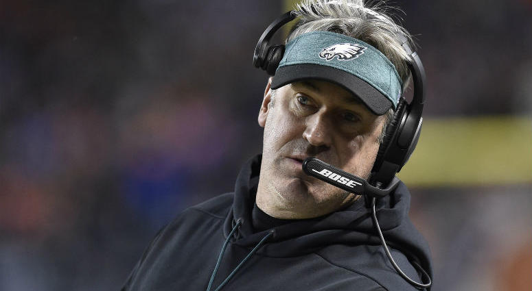 Jan 6, 2019; Chicago, IL, USA; Philadelphia Eagles head coach Doug Pederson in the first half a NFC Wild Card playoff football game against the Chicago Bears at Soldier Field. Jan 6, 2019; Chicago, IL, USA; Philadelphia Eagles head coach Doug Pederson in the first half a NFC Wild Card playoff football game against the Chicago Bears at Soldier Field.