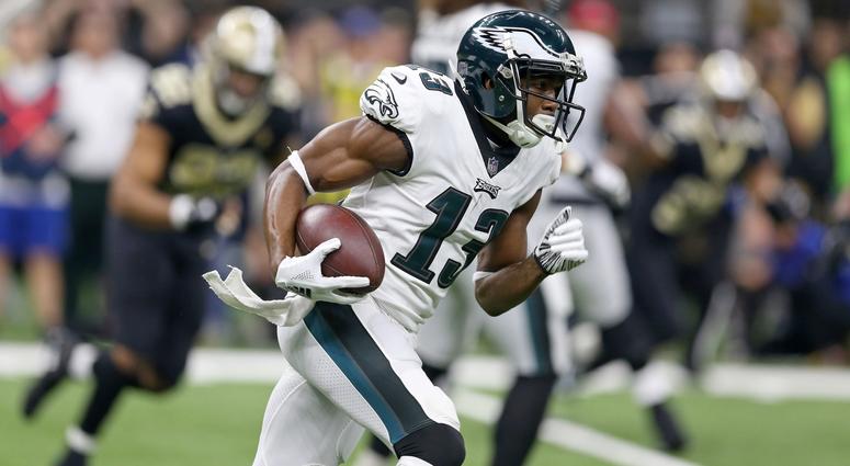 Philadelphia Eagles wide receiver Nelson Agholor (13) runs after a catch during the first quarter of a NFC Divisional playoff football game against the New Orleans Saints at Mercedes-Benz Superdome, Jan. 13, 2019. Philadelphia Eagles wide receiver Nelson Agholor