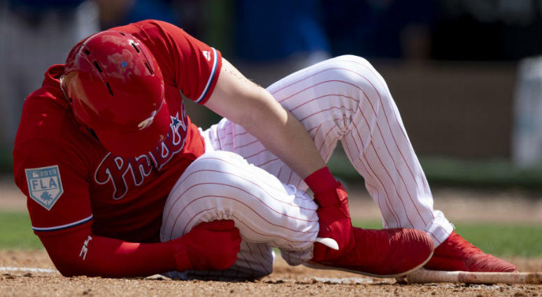 Philadelphia Phillies outfielder Bryce Harper (3) reacts after being hit by a pitch during the sixth inning against the Toronto Blue Jays at Spectrum Field, March 15, 2019. Bryce Harper