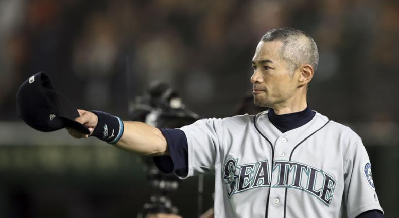 Seattle Mariners right fielder Ichiro Suzuki (51) tips his cap after being removed from the game during the eighth inning against the Oakland Athletics at Tokyo Dome. Seattle Mariners right fielder Ichiro Suzuki (51) tips his cap after being removed from the game during the eighth inning against the Oakland Athletics at Tokyo Dome.