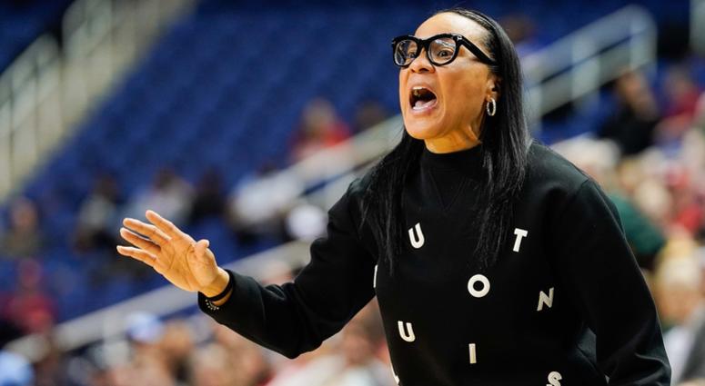 South Carolina Gamecocks head coach Dawn Staley yells to her team during the second half against the Baylor Lady Bears in the semifinals of the Greensboro regional in the women's 2019 NCAA Tournament at Greensboro Coliseum. Dawn Staley