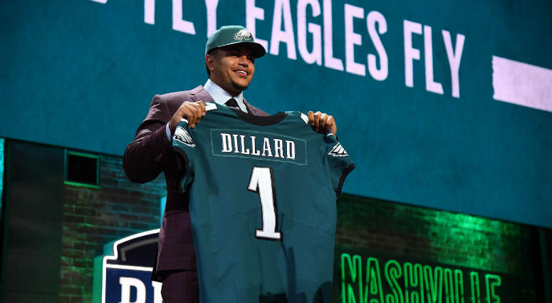 Apr 25, 2019; Nashville, TN, USA; Andre Dillard (Washington State) is selected as the number twenty-two overall pick to the Philadelphia Eagles in the first round of the 2019 NFL Draft in Downtown Nashville. Andre Dillard (Washington State) is selected as the number twenty-two overall pick to the Philadelphia Eagles in the first round of the 2019 NFL Draft in Downtown Nashville.
