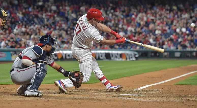 Phillies left fielder Rhys Hoskins (17) hits a three run home run during the sixth inning against the Washington Nationals. Rhys Hoskins