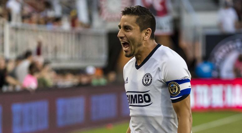 Philadelphia Union midfielder Alejandro Bedoya (11) celebrates after scoring a goal against the D.C. United during the first half at Audi Field. Philadelphia Union midfielder Alejandro Bedoya (11) celebrates after scoring a goal against the D.C. United during the first half at Audi Field.