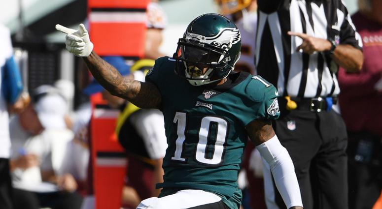 Philadelphia Eagles wide receiver DeSean Jackson (10) reacts after a first down reception in the third quarter against the Washington Redskins at Lincoln Financial Field. Philadelphia Eagles wide receiver DeSean Jackson (10) reacts after a first down reception in the third quarter against the Washington Redskins at Lincoln Financial Field.