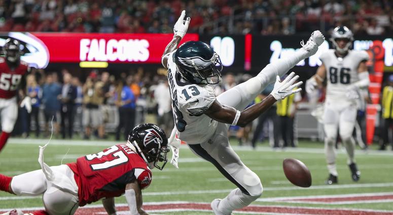 Philadelphia Eagles wide receiver Nelson Agholor (13) has a catch broken up by Atlanta Falcons free safety Ricardo Allen (37) in the second quarter at Mercedes-Benz Stadium. Philadelphia Eagles wide receiver Nelson Agholor (13) has a catch broken up by Atlanta Falcons free safety Ricardo Allen (37) in the second quarter at Mercedes-Benz Stadium.