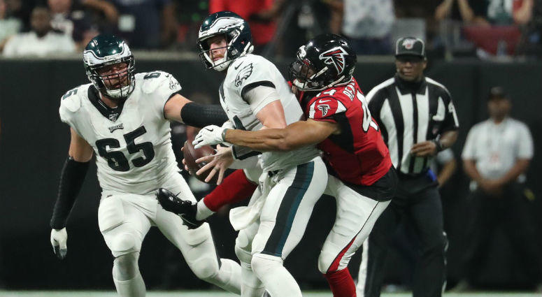Sep 15, 2019; Atlanta, GA, USA; Atlanta Falcons linebacker Vic Beasley (44) sacks Philadelphia Eagles quarterback Carson Wentz (11) in the fourth quarter at Mercedes-Benz Stadium. Atlanta Falcons linebacker Vic Beasley (44) sacks Philadelphia Eagles quarterback Carson Wentz (11).