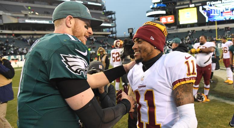 Philadelphia Eagles quarterback Carson Wentz (11) speaks with Washington Redskins wide receiver DeSean Jackson (11) after the game at Lincoln Financial Field, Dec. 11, 2016. Philadelphia Eagles quarterback Carson Wentz speaks with Washington Redskins wide receiver DeSean Jackson.