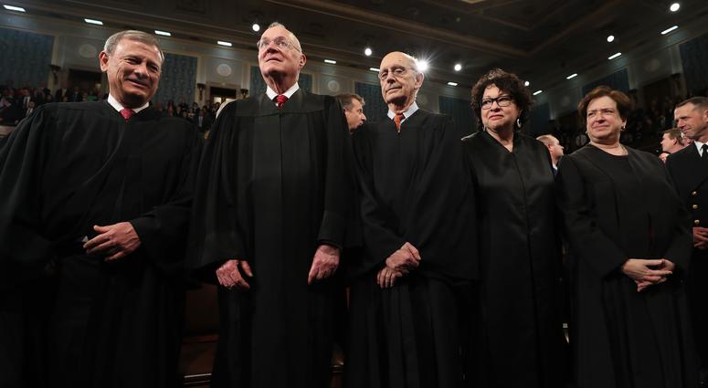 Chief Justice John Roberts (L) and Supreme Court Justices (2L-R) Anthony Kennedy, Stephen G. Breyer, Sonia Sotomayor and Elena Kagan arrive for a joint session of Congress address by President Donald Trump at the U.S. Capitol in February 2017. Chief Justice John Roberts (L) and Supreme Court Justices (2L-R) Anthony Kennedy, Stephen G. Breyer, Sonia Sotomayor and Elena Kagan arrive for a joint session of Congress address by President Donald Trump at the U.S. Capitol in February 2017.