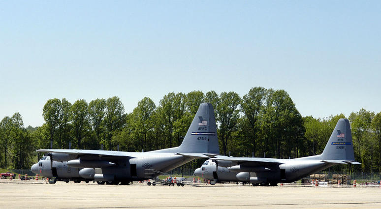 Air Force C-130's sit on the tarmac May 13, 2005, on the grounds of Willow Grove Naval Air Station in Horsham, Pennsylvania. Willow Grove Naval Air Station