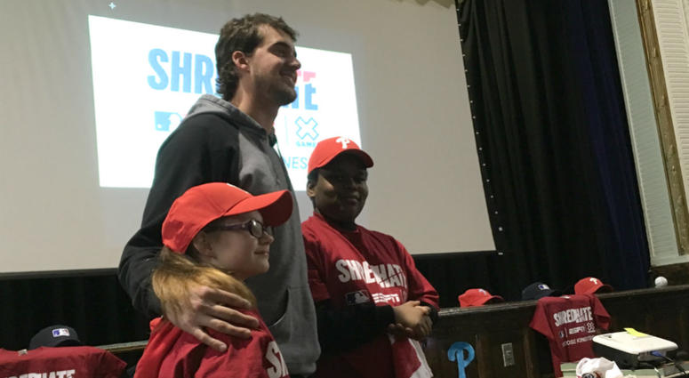 Aaron Nola delivers the message: "Shred Hate, Choose Kindness." Aaron Nola delivers the message: "Shred Hate, Choose Kindness."