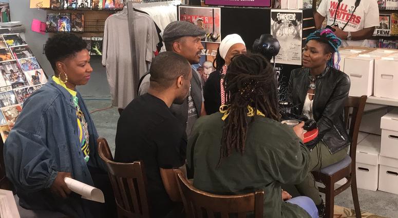 Black coffee shop owners meet at Amalgam Comics and Coffeehouse to discuss retail racism in the wake of Starbucks racial bias training. Amalgam Comics and Coffeehouse