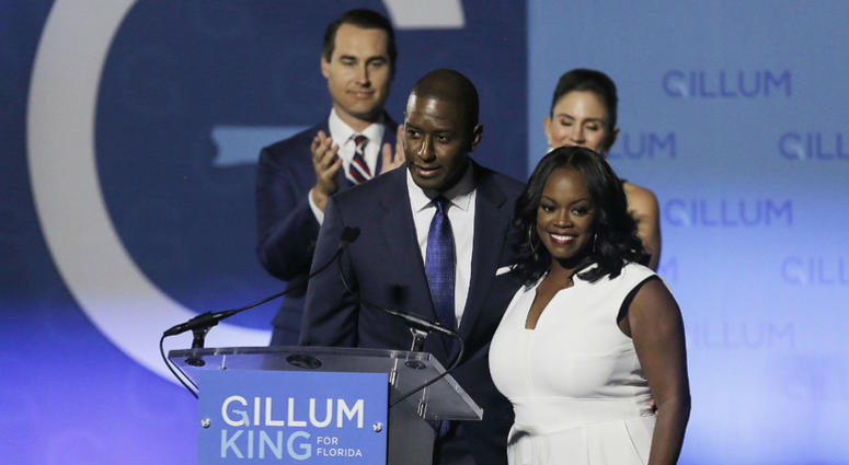 Florida gubernatorial Democratic candidate Andrew Gillum gives his concession speech with his wife R. Jai Gillum, running mate Chris King, and his wife Kristen King at Florida A&M University in Tallahassee on Tuesday, Nov. 6, 2018. Florida gubernatorial Democratic candidate Andrew Gillum gives his concession speech with his wife R. Jai Gillum, running mate Chris King, and his wife Kristen King at Florida A&M University in Tallahassee on Tuesday, Nov. 6, 2018.