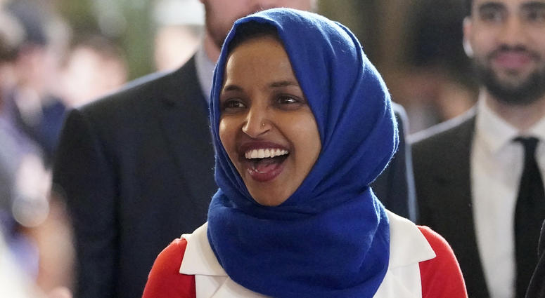 In this Feb. 5, 2019 photo, Rep. Ilhan Omar, D-Minn., arrives for President Donald Trump's State of the Union address to a joint session of Congress on Capitol Hill in Washington. Rep. Ilhan Omar, D-Minn.