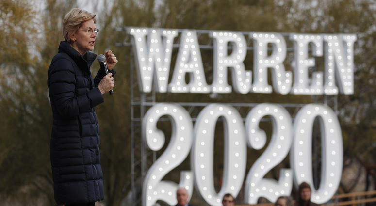 In this Feb. 17, 2019, file photo, Democratic presidential candidate Sen. Elizabeth Warren, D-Mass., speaks at an organizing event in Las Vegas. In this Feb. 17, 2019, file photo, Democratic presidential candidate Sen. Elizabeth Warren, D-Mass., speaks at an organizing event in Las Vegas.