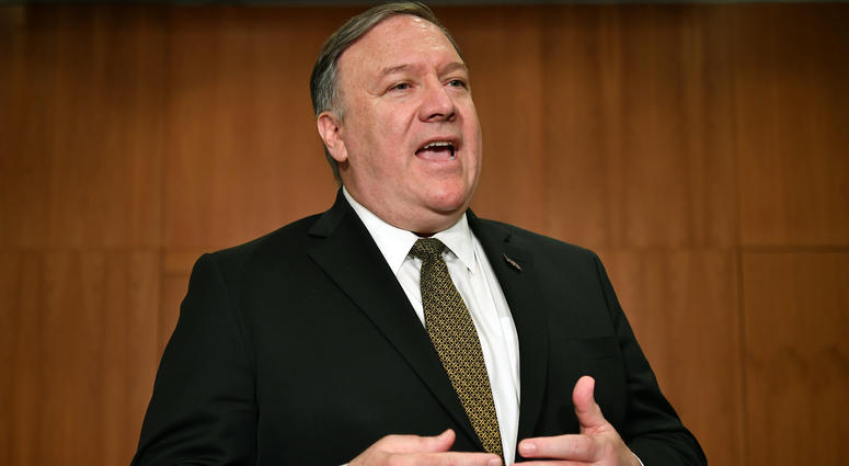 Secretary of State Mike Pompeo talks to the media on the sidelines of the Arctic Council ministers' working dinner at the Arktikum museum in Rovaniemi, Finland, Monday, May 6, 2019. Secretary of State Mike Pompeo talks to the media on the sidelines of the Arctic Council ministers' working dinner at the Arktikum museum in Rovaniemi, Finland, Monday, May 6, 2019.