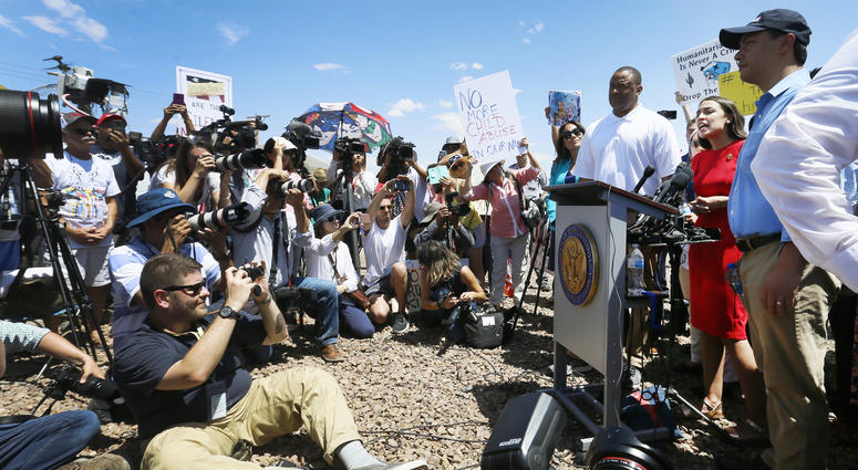 U.S. Rep. Alexandria Ocasio-Cortez, D-New York, talks about what she saw on her tour of area border facilities Monday, July 1, at the Border Patrol station in Clint. Ocasio-Cortez was attempting to talk over the protesters. U.S. Rep. Alexandria Ocasio-Cortez, D-New York, talks about what she saw on her tour of area border facilities Monday, July 1, at the Border Patrol station in Clint. Ocasio-Cortez was attempting to talk over the protesters.
