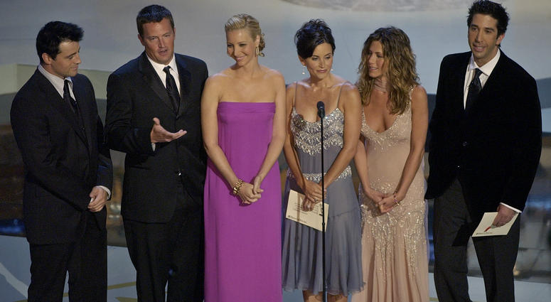 FILE - In this Sept. 22, 2002, file photo the cast of television's "Friends", from left: Matt LeBlanc, Matthew Perry, Lisa Kudrow, Courteney Cox Arquette, Jennifer Aniston and David Schwimmer appear during the 54th Annual Primetime Emmy Awards at the Shri AT&T is pulling “Friends” from Netflix to beef up its own upcoming streaming service.