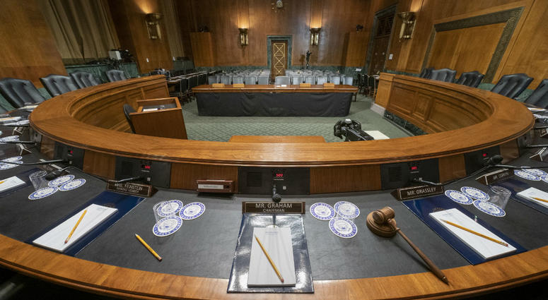 The Senate Judiciary Committee hearing room is prepared for Attorney General William Barr who will face lawmakers' questions Wednesday for the first time since releasing special counsel Robert Mueller's Russia report, on Capitol Hill in Washington. The Senate Judiciary Committee hearing room is prepared for Attorney General William Barr who will face lawmakers' questions Wednesday for the first time since releasing special counsel Robert Mueller's Russia report, on Capitol Hill in Washington.