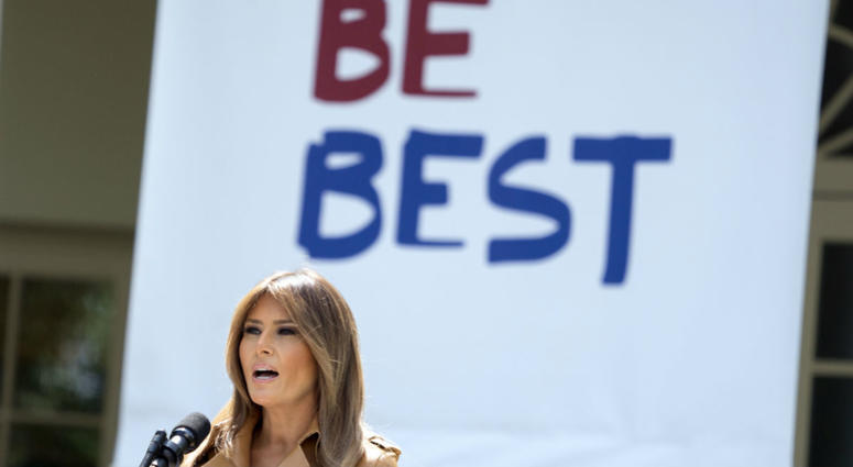 In this May 7, 2018, file photo, first lady Melania Trump speaks on her initiatives during an event in the Rose Garden of the White House in Washington. In this May 7, 2018, file photo, first lady Melania Trump speaks on her initiatives during an event in the Rose Garden of the White House in Washington.